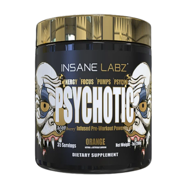 Insane Labz Psychotic orange supplement container on a white background