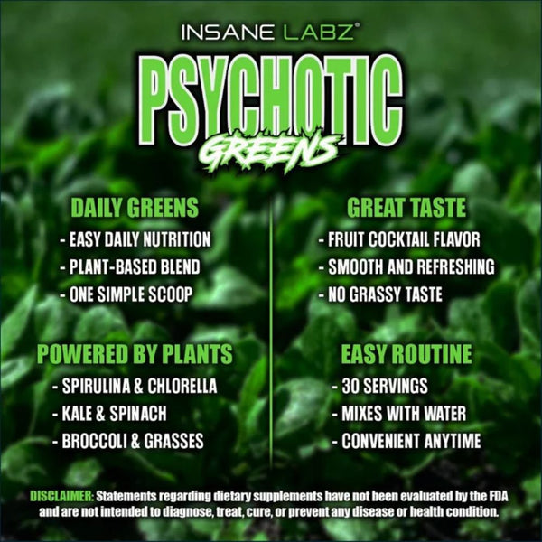 Promotional graphic for Insane Labz Psychotic Greens dietary supplement, featuring a green leafy background with bold text highlighting daily greens benefits, great taste, and plant-powered ingredients.