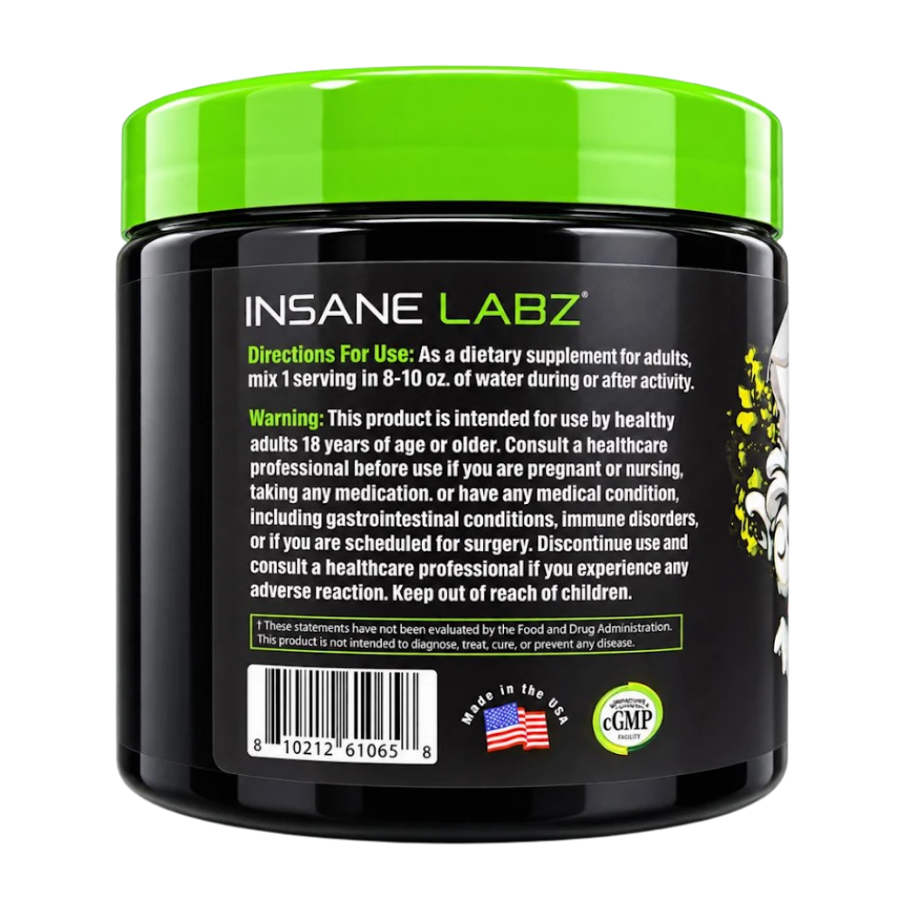 A black plastic tub of Insane Labz Psychotic Greens dietary supplement with a bright lime green lid, featuring clown illustrations on the label.
