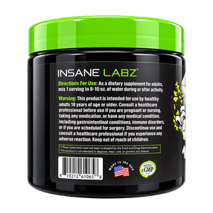 A black plastic tub of Insane Labz Psychotic Greens dietary supplement with a bright lime green lid, featuring the directions for use and warnings.