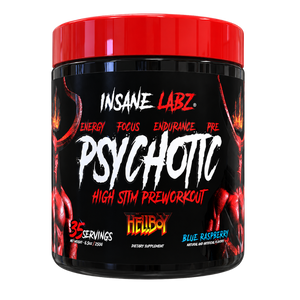 A black plastic tub of Insane Labz Psychotic High Stim Preworkout in Blue Raspberry flavor, featuring a bright red lid and a black label with red devil illustrations and white text.