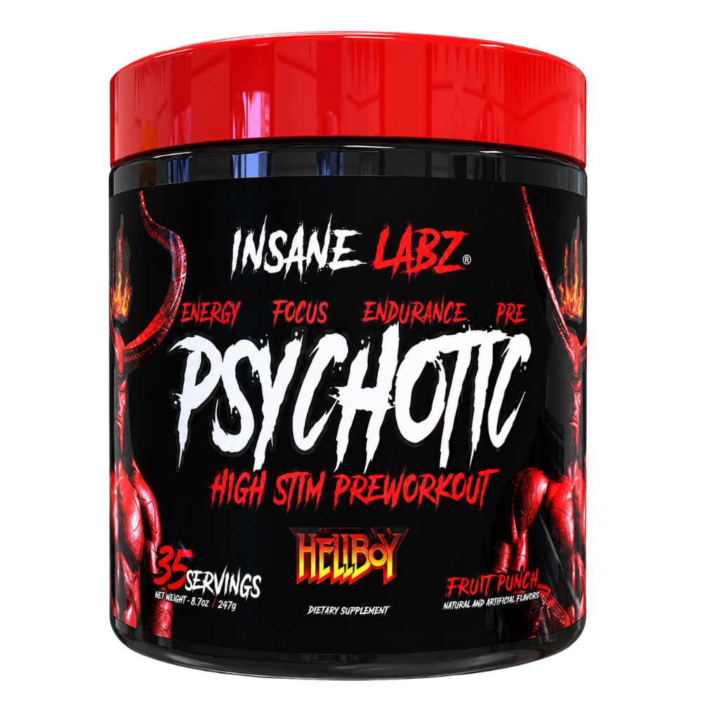 Insane Labz Psychotic Hellboy High Stim Pre-Workout in Fruit Punch flavor, 35 servings.