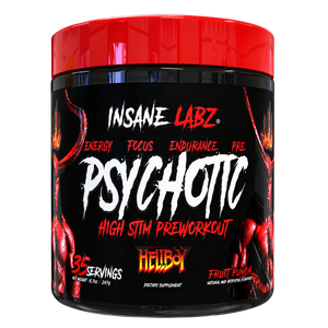 Insane Labz Psychotic Hellboy High Stim Pre-Workout in Fruit Punch flavor, 35 servings.