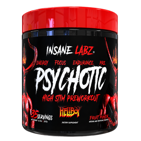 Insane Labz Psychotic Hellboy High Stim Pre-Workout in Fruit Punch flavor, 35 servings.