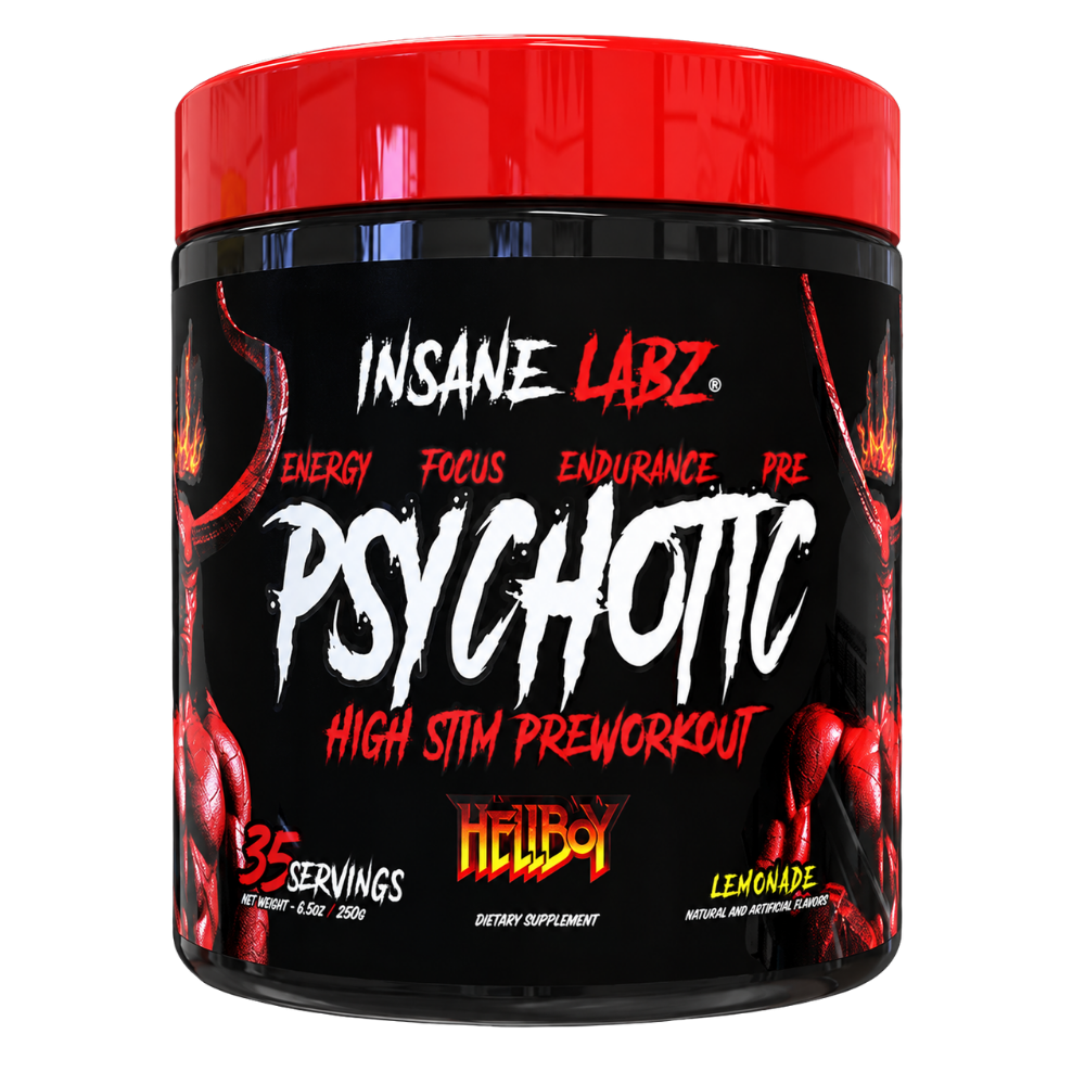 Insane Labz Psychotic Hellboy High Stim Pre-Workout in Fruit Punch flavor, 35 servings.