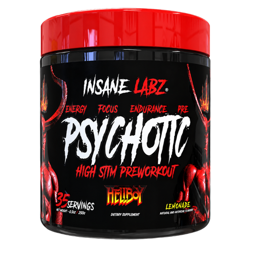 Insane Labz Psychotic Hellboy High Stim Pre-Workout in Lemonade flavor, 35 servings.