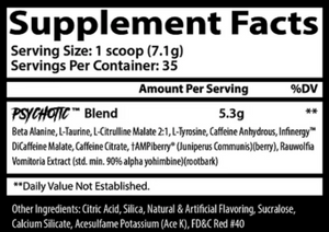 Insane Labz Psychotic Hellboy High Stim Pre-Workout supplement facts on a white background, 35 servings.