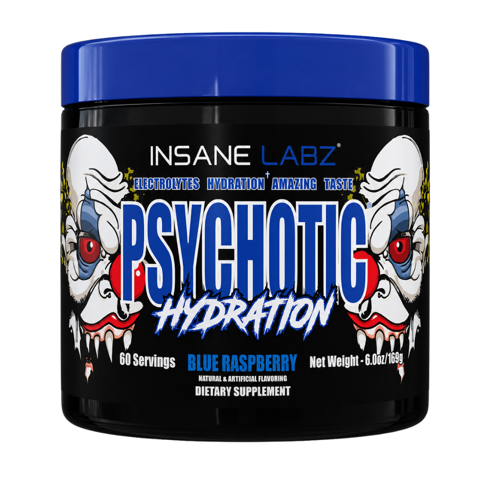 Insane Labz Psychotic Hydration dietary supplement container in Blue Raspberry flavor, featuring a black tub with a blue lid and a label illustrated with two screaming clown faces.