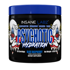 Insane Labz Psychotic Hydration dietary supplement container in Blue Raspberry flavor, featuring a black tub with a blue lid and a label illustrated with two screaming clown faces.