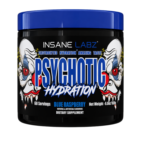 Insane Labz Psychotic Hydration dietary supplement container in Blue Raspberry flavor, featuring a black tub with a blue lid and a label illustrated with two screaming clown faces.