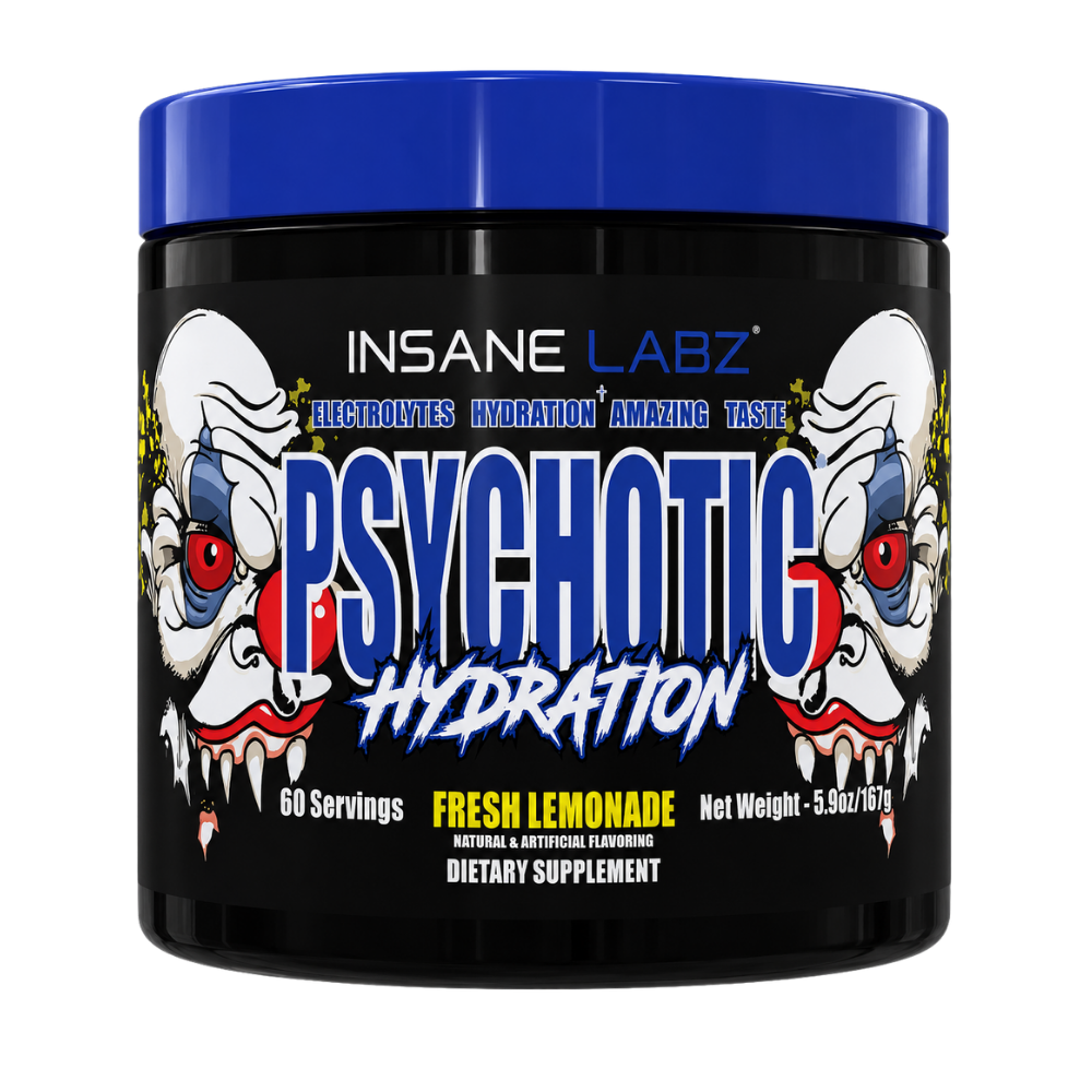 Insane Labz Psychotic Hydration dietary supplement container in Blue Raspberry flavor, featuring a black tub with a blue lid and a label illustrated with two screaming clown faces.
