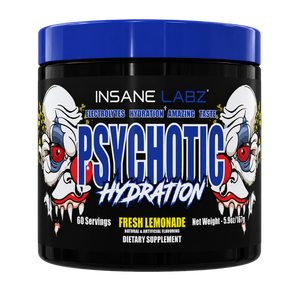 Insane Labz Psychotic Hydration dietary supplement container in Fresh Lemonade flavor, featuring a black tub with a bright blue lid and a label illustrated with two clown faces.