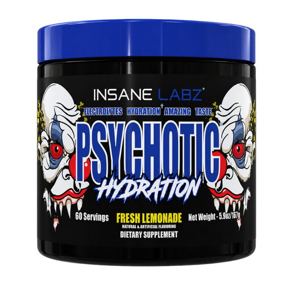 Insane Labz Psychotic Hydration dietary supplement container in Fresh Lemonade flavor, featuring a black tub with a bright blue lid and a label illustrated with two clown faces.