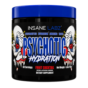 Insane Labz Psychotic Hydration dietary supplement tub in Fruit Cocktail flavor, featuring a black container, blue lid, and clown illustrations on the label.