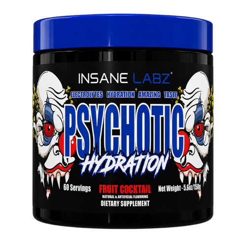 Insane Labz Psychotic Hydration dietary supplement tub in Fruit Cocktail flavor, featuring a black container, blue lid, and clown illustrations on the label.