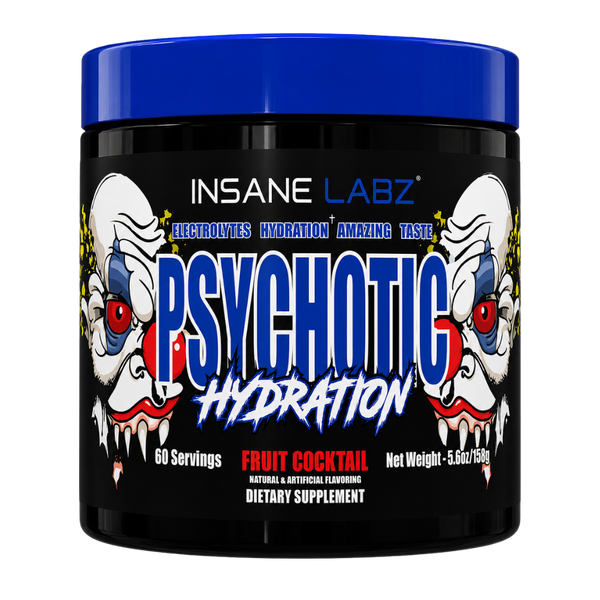 Insane Labz Psychotic Hydration dietary supplement tub in Fruit Cocktail flavor, featuring a black container, blue lid, and clown illustrations on the label.