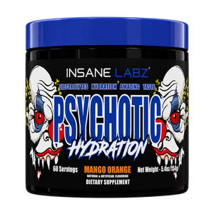 Insane Labz Psychotic Hydration dietary supplement tub in Mango Orange flavor, featuring a black container with a bright blue lid and clown illustrations on the label.