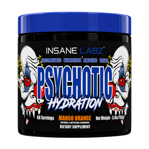 Insane Labz Psychotic Hydration dietary supplement tub in Mango Orange flavor, featuring a black container with a bright blue lid and clown illustrations on the label.