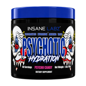 Insane Labz Psychotic Hydration dietary supplement tub in Psycho Candy flavor, featuring a black container, blue lid, and clown illustrations on the label.