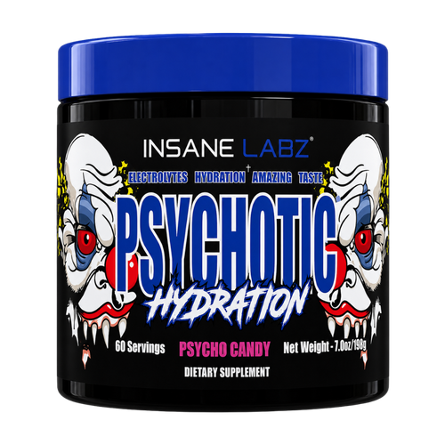 Insane Labz Psychotic Hydration dietary supplement tub in Psycho Candy flavor, featuring a black container, blue lid, and clown illustrations on the label.