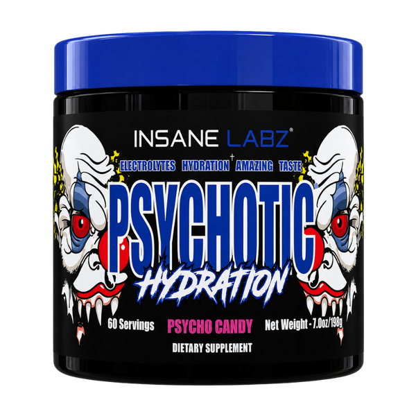 Insane Labz Psychotic Hydration dietary supplement tub in Psycho Candy flavor, featuring a black container, blue lid, and clown illustrations on the label.