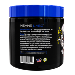 A black plastic tub of INSANE LABZ dietary supplement with a bright blue screw-on lid, shown from the back against a solid white background.