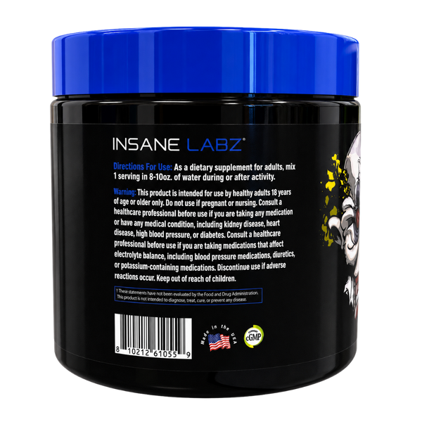 A black plastic tub of INSANE LABZ dietary supplement with a bright blue screw-on lid, shown from the back against a solid white background.