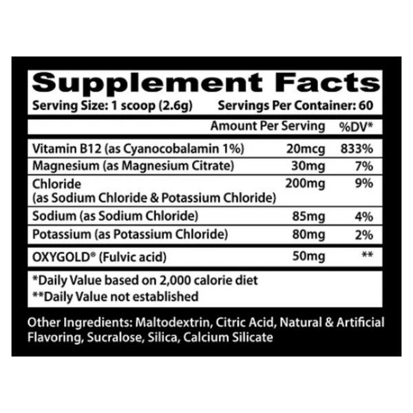 A black square label showing Supplement Facts for a dietary supplement. The label lists serving size as 1 scoop (2.