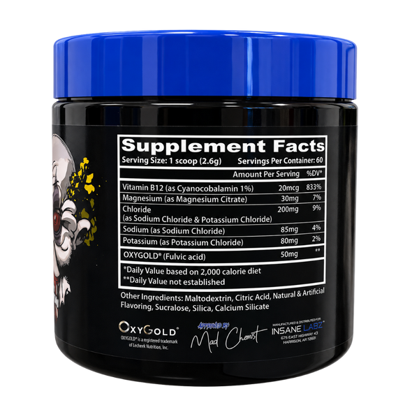 A black supplement jar with a bright blue lid, showing the Supplement Facts label. The label includes OxyGold branding and a cartoon skull graphic, photographed on a clean white background.