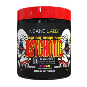 Insane Labz Psychotic R-Rated Melonade dietary supplement tub with a bright red lid and black label featuring clown illustrations.