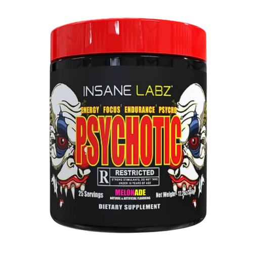 Insane Labz Psychotic R-Rated Melonade dietary supplement tub with a bright red lid and black label featuring clown illustrations.