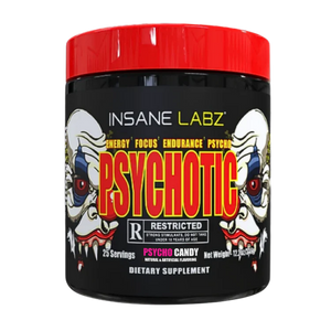 Insane Labz Psychotic Psycho Candy dietary supplement in a black plastic tub with a bright red lid. The label features a black background with a large red and yellow 'PSYCHOTIC' text, flanked by two white clown faces with red eyes and dripping details.