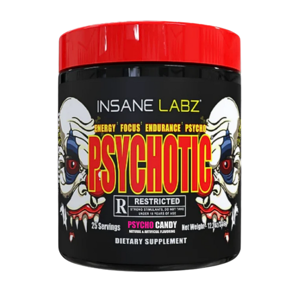 Insane Labz Psychotic Psycho Candy dietary supplement in a black plastic tub with a bright red lid. The label features a black background with a large red and yellow 'PSYCHOTIC' text, flanked by two white clown faces with red eyes and dripping details.