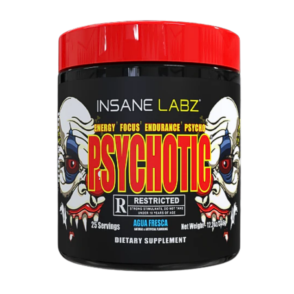 Insane Labz Psychotic supplement container with red lid and graphic design on a white background