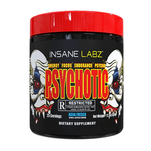Insane Labz Psychotic supplement container with red lid and graphic design on a white background