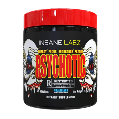 Insane Labz Psychotic supplement container with red lid and graphic design on a white background