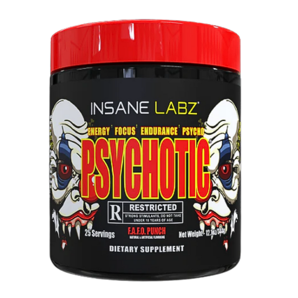 Insane Labz Psychotic dietary supplement container with red and black design