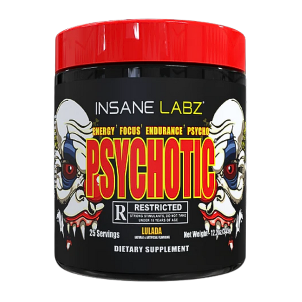 Insane Labz Psychotic supplement container with red and black design