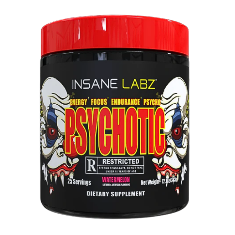 Insane Labz Psychotic supplement container with red lid and graphic design on a white background