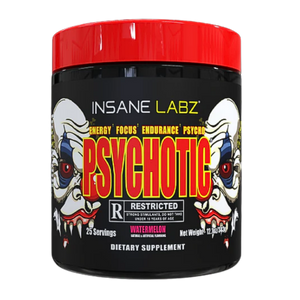 Insane Labz Psychotic dietary supplement container with red lid and colorful label.