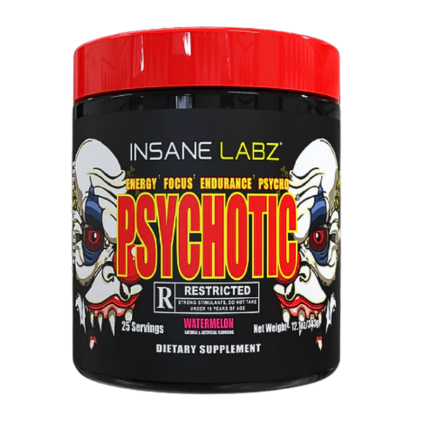 Insane Labz Psychotic dietary supplement container with red lid and colorful label.