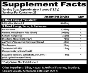 Supplement facts label with various ingredients and their amounts per serving.