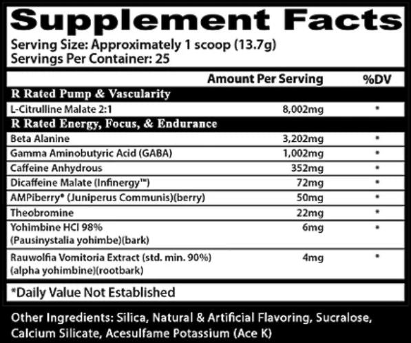 Supplement facts label with various ingredients and their amounts per serving.