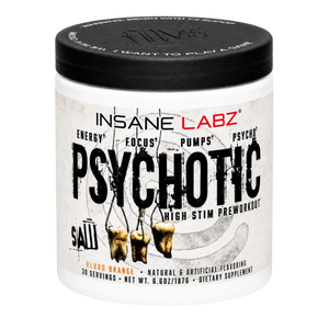 Insane Labz Psychotic High Stim Preworkout supplement in a white plastic jar with a black lid, featuring a distressed black and red label.