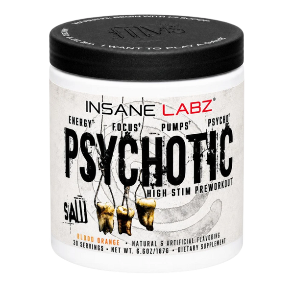 Insane Labz Psychotic High Stim Preworkout supplement in a white plastic jar with a black lid, featuring a distressed black and red label.