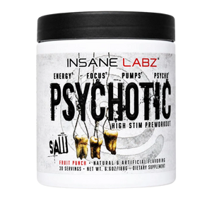 Insane Labz Psychotic High Stim Preworkout supplement container in white with a black lid, featuring a distressed gray label with black and red text.