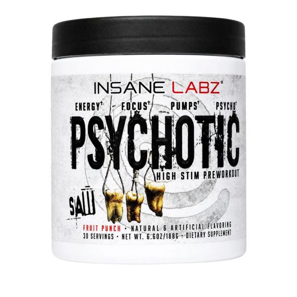 Insane Labz Psychotic High Stim Preworkout supplement container in white with a black lid, featuring a distressed gray label with black and red text.