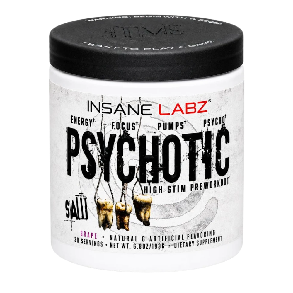 Insane Labz Psychotic Salts High Stim Preworkout in a white plastic tub with a black lid, featuring a label with a distressed gray background and black text.