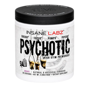 A white plastic tub of Insane Labz Salty Psychotic High Stim Preworkout in Grape flavor, featuring a black lid and a label with black and red text.