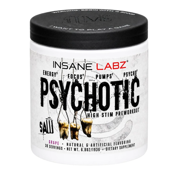 A white plastic tub of Insane Labz Salty Psychotic High Stim Preworkout in Grape flavor, featuring a black lid and a label with black and red text.